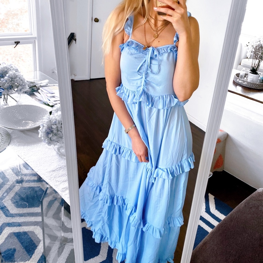 🦋 TALL SKY BLUE RUFFLE MAXI DRESS! - Picture 1 of 12